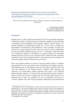 Mainstream Economics Boundaries. Econometric Society and Cowles Commission Demarcation from Institutionalism (1930-1960)