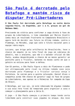 São Paulo É Derrotado Pelo Botafogo E Mantém Risco De Disputar Pré-Libertadores