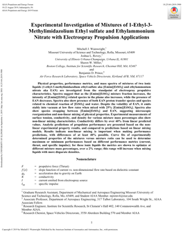 Experimental Investigation of Mixtures of 1-Ethyl-3- Methylimidazolium Ethyl Sulfate and Ethylammonium Nitrate with Electrospray Propulsion Applications