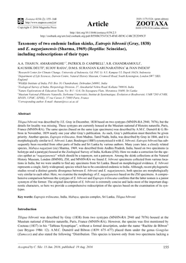 Taxonomy of Two Endemic Indian Skinks, Eutropis Bibronii (Gray, 1838) and E