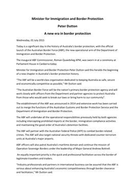 Minister for Immigration and Border Protection Peter Dutton a New Era
