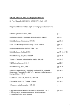 BDOHP Interview Index and Biographical Details Sir Peter Marshall, KCMG 1983 (CMG 1974); CVO 2003