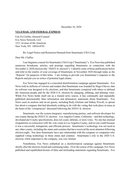 December 10, 2020 VIA EMAIL and FEDERAL EXPRESS Lily Fu Claffee, General Counsel Fox News Network, LLC 1211 Avenue of the Americas New York, NY 10036-8701