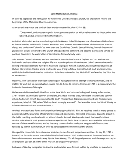 Early Methodism in America in Order to Appreciate the Heritage of the Hawesville United Methodist Church, We Should First Revie