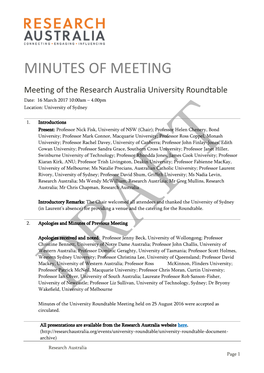 MINUTES of MEETING Meeting of the Research Australia University Roundtable Date: 16 March 2017 10:00Am – 4.00Pm Location: University of Sydney