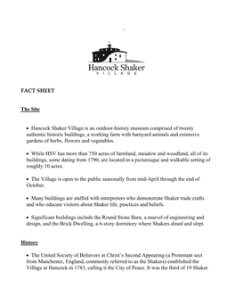 Hancock Shaker Village Fact Sheet