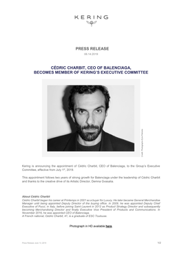 Press Release Cédric Charbit, Ceo of Balenciaga