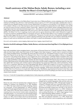 Small Carnivores of the Maliau Basin, Sabah, Borneo, Including a New Locality for Hose’S Civet Diplogale Hosei