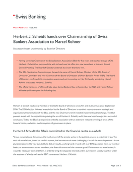 Herbert J. Scheidt Hands Over Chairmanship of Swiss Bankers Association to Marcel Rohner