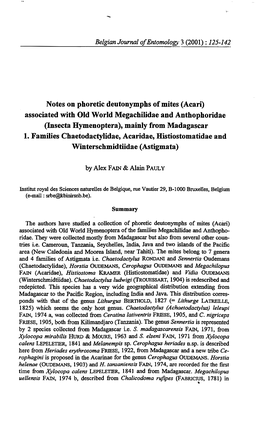 Notes on Phoretic Deutonym.Phs of Mites (Acari) Associated with Old World Megachilidae and Anthophoridae (Insecta Hymenoptera), Mainly from Madagascar 1