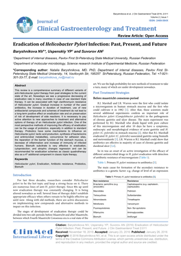 Eradication of Helicobacter Pylori Infection: Past, Present, and Future Baryshnikova NV1*, Uspenskiy YP1 and Suvorov AN2