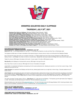 Winnipeg Goldeyes Daily Clippings Thursday, July 29 , 2021