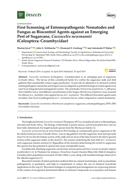 First Screening of Entomopathogenic Nematodes and Fungus As Biocontrol Agents Against an Emerging Pest of Sugarcane, Cacosceles Newmannii (Coleoptera: Cerambycidae)