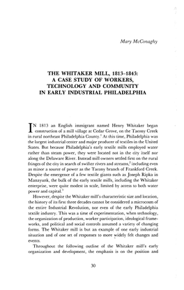The Whitaker Mill, 1813-1843: a Case Study of Workers, Technology and Community in Early Industrial Philadelphia