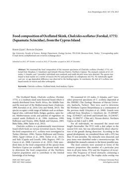 Food Composition of Ocellated Skink, Chalcides Ocellatus(Forskal, 1775