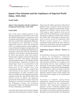 Japan's Pan-Asianism and the Legitimacy of Imperial World Order, 1931-1945