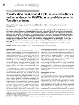 Translocation Breakpoint at 7Q31 Associated with Tics: Further Evidence for IMMP2L As a Candidate Gene for Tourette Syndrome