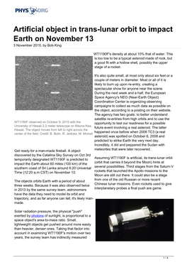 Artificial Object in Trans-Lunar Orbit to Impact Earth on November 13 3 November 2015, by Bob King