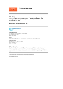 Égypte/Monde Arabe, 14 | 2016, « Le Soudan, Cinq Ans Après L’Indépendance Du Soudan Du Sud » [En Ligne], Mis En Ligne Le 21 Octobre 2018, Consulté Le 06 Novembre 2020