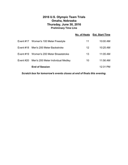 2016 U.S. Olympic Team Trials Omaha, Nebraska Thursday, June 30, 2016 Preliminary Time Line