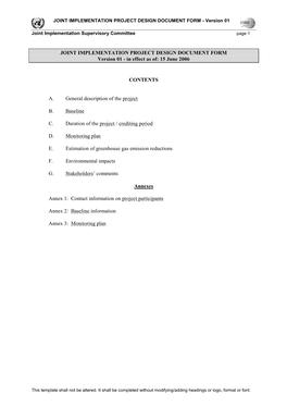 JOINT IMPLEMENTATION PROJECT DESIGN DOCUMENT FORM Version 01 - in Effect As Of: 15 June 2006