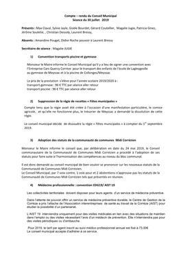 Compte – Rendu Du Conseil Municipal Séance Du 30 Juillet 2019