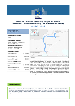 Studies for the Infrastructure Upgrading on Sections of Thessaloniki - Promachonas Railway Line (Part of OEM Corridor) 2014-EL-TM-0311-S