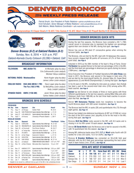 Denver Broncos Weekly Release Packet (At Oakland, 11