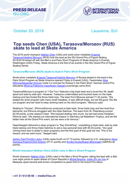 Top Seeds Chen (USA), Tarasova/Morozov (RUS) Skate to Lead at Skate America