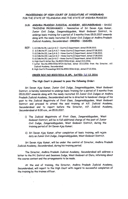 Basic Training for a Period of 3 Months from 05.01.2017 Onwards Along with the Newly Recruited 33 Junior Civil Judges at Andhra Pradesh