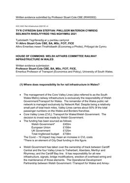 Written Evidence Submitted by Professor Stuart Cole CBE (RIW0002)