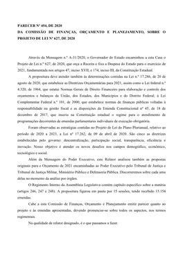 Parecer Nº 454, De 2020 Da Comissão De Finanças, Orçamento E Planejamento, Sobre O Projeto De Lei Nº 627, De 2020