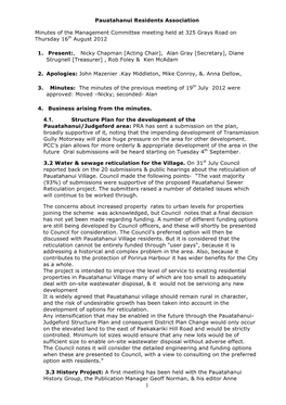 Pauatahanui Residents Association Minutes of the Management Committee Meeting Held at 325 Grays Road on Thursday 16Th August