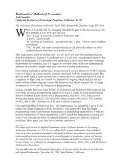 Mathematical Methods of Economics Joel Franklin California Institute of Technology, Pasadena, California 91125