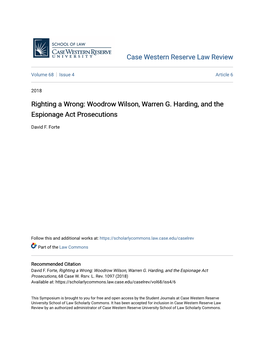 Woodrow Wilson, Warren G. Harding, and the Espionage Act Prosecutions