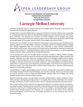 ASSOCIATE VICE PRESIDENT for ALUMNI RELATIONS CARNEGIE MELLON UNIVERSITY Pittsburgh, Pennsylvania Carnegie Mellon University