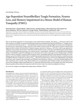 Age-Dependent Neurofibrillary Tangle Formation, Neuron Loss, and Memory Impairment in a Mouse Model of Human Tauopathy (P301L)