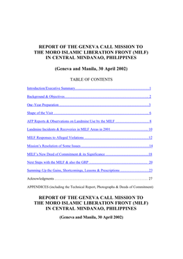 Report of the Geneva Call Mission to the Moro Islamic Liberation Front (Milf) in Central Mindanao, Philippines