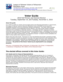 Voter Guide 2010 Fall Primary and General Election Tuesday, September 14, and Tuesday, November 2, 2010