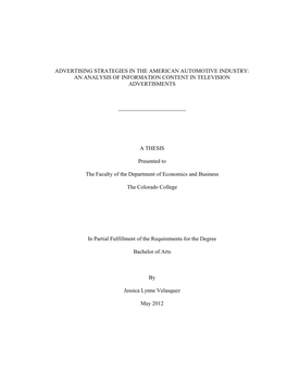 Advertising Strategies in the American Automotive Industry: an Analysis of Information Content in Television Advertisments