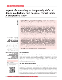 Impact of Counseling on Temporarily Deferred Donor in a Tertiary Care Hospital, Central India: a Prospective Study