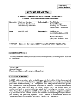 Economic Development 2007 Highlights (PED08119) (City Wide)