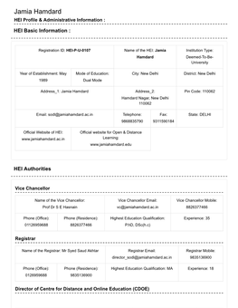 Jamia Hamdard HEI Profile & Administrative Information