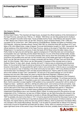 Site Report Siteno 9/2/018/0127/002 Site Name Leeuwenhof, Hof Street, Cape Town Date Project Casenid Page No: 1 Siteautoid: 29222 Coords -33.938184, 18.405758
