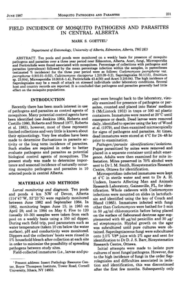 Field Incidence of Mosquito Pathogens and Parasites in Central Alberta