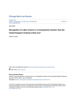 Recognition of Labor Unions in a Comparative Context: Has the United Kingdom Entered a New Era?