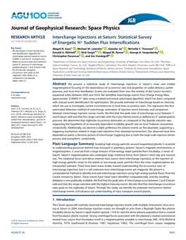 Interchange Injections at Saturn: Statistical Survey 10.1029/2018JA025391 of Energetic H+ Sudden Flux Intensiﬁcations Key Points: Abigail R