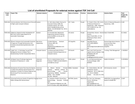 List of Shortlisted Proposals for External Review Against TDF 3Rd Call