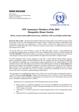 NFF Announces Members of the 2011 Hampshire Honor Society Honor Society Reaches Fifth Anniversary; Celebrates with Record-High Membership