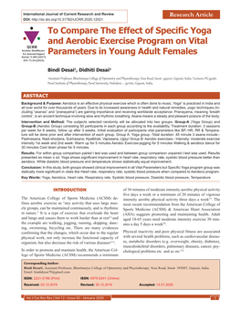 To Compare the Effect of Specific Yoga and Aerobic Exercise Program on Vital Parameters in Young Adult Females